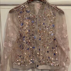 Elie Tahari Floral Embellished Sheer Bomber Jacket